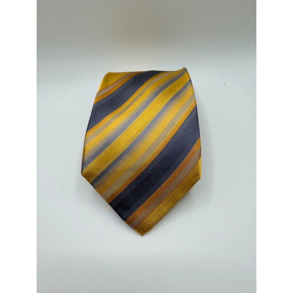 Kenneth Cole Reaction Mens Gold Yellow Grey Striped 100% Silk Necktie